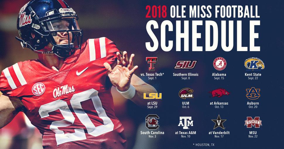 Clothes_Scout's tweet photo. 2018 @OleMissFB schedule is here! Season opens 9/1 against Texas Tech in Houston! #HottyToddy #RebelsUnite #entry - https://t.co/s8NT5GGvmS https://t.co/RZUuHOkWHF