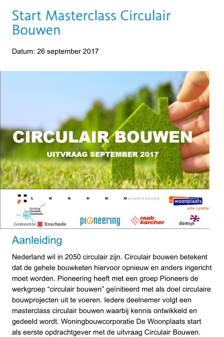 StPioneering's tweet image. Tal van Twentse koplopers aangemeld voor #circulair project! @DuraVermeer, @GebrvanderGeest, @PrefabNL @DeWoonplaats Bit.ly/2w83Dsr
