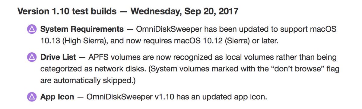 kcase's tweet photo. Test builds of @OmniDiskSweeper v1.10 are now available, with support for APFS filesystems on High Sierra: https://t.co/a2nwlyOjes https://t.co/to85yDPDo0