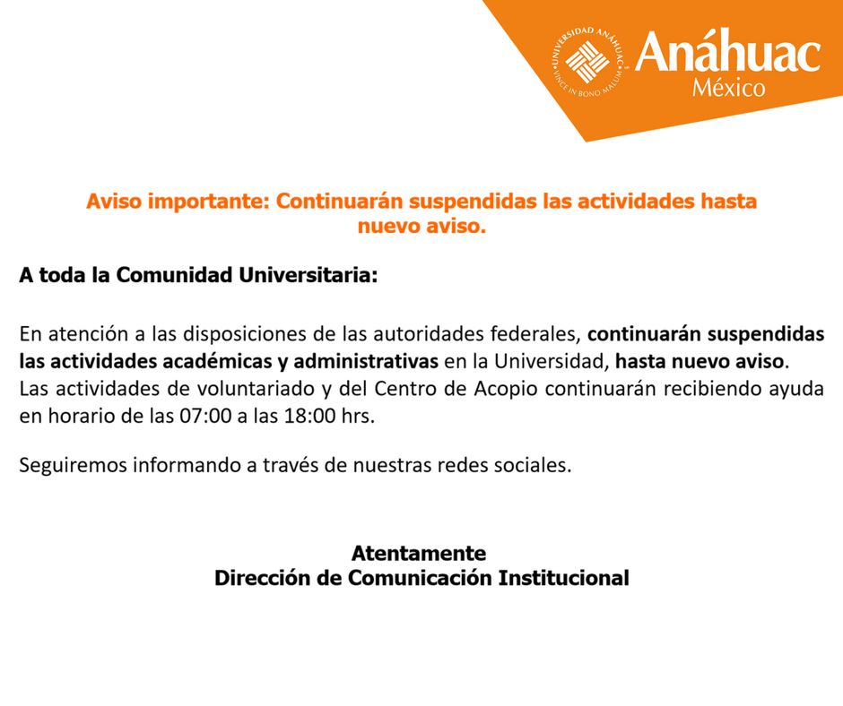 AnahuacSur's tweet photo. Comunicado Oficial: Continuarán suspendidas las actividades hasta nuevo aviso. https://t.co/xKDnqD8DrT