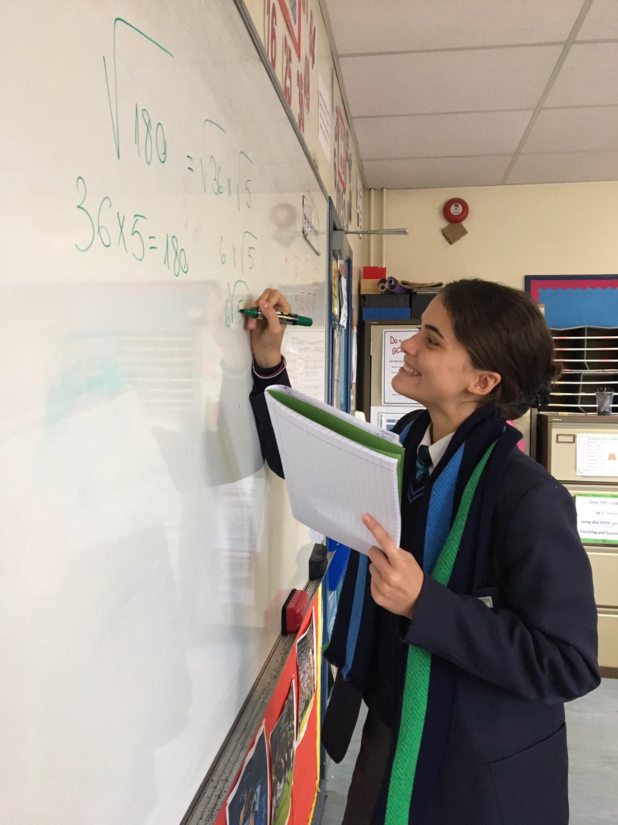 Rm18malonemaths's tweet photo. Catalina demonstrating how to simplify surds. Fantastic! @MaloneCollege @MaloneMaths @MathsMastery #mathsmastery https://t.co/lWgzbO8tWV