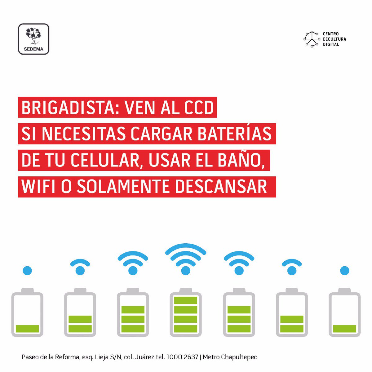 Les recordamos que si andan cerca de La Estela de Luz pueden venir aquí a descansar, cargar celulares y conectarse.