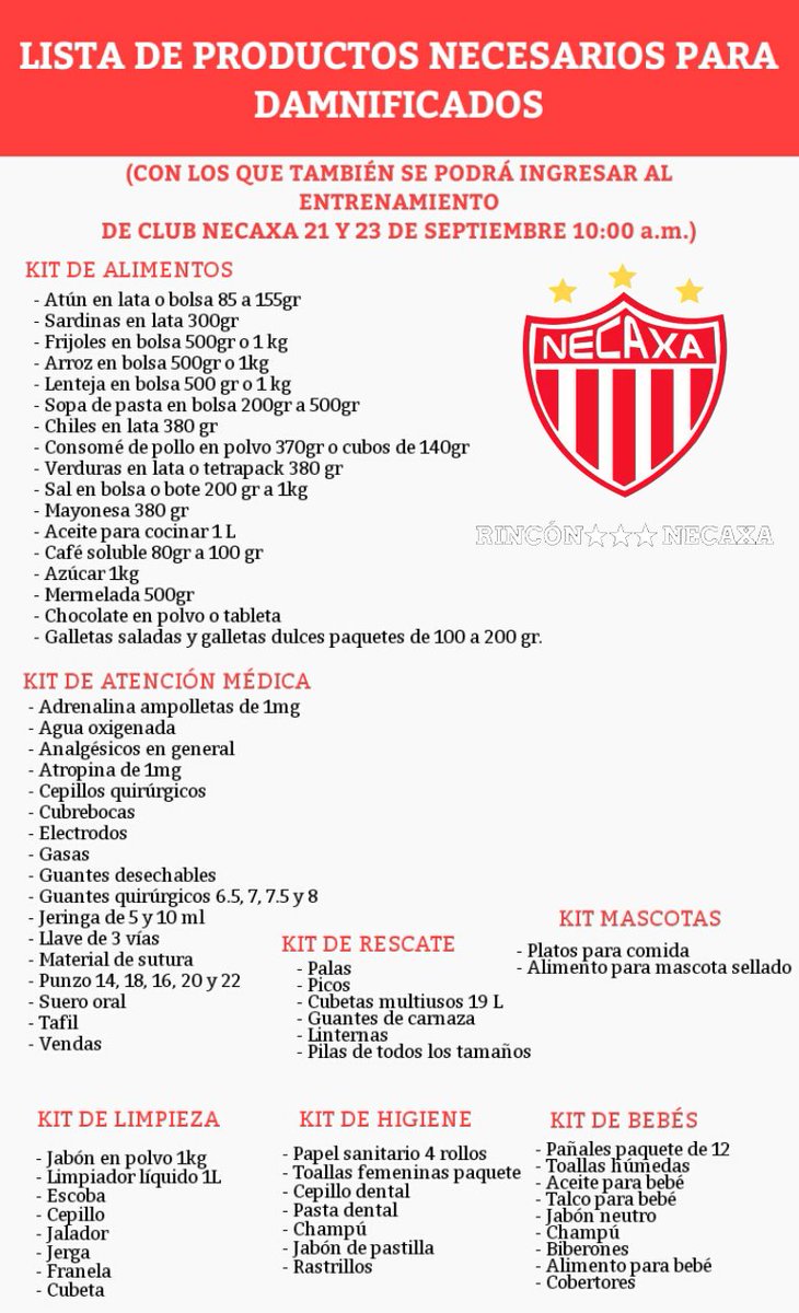 LISTA DE PRODUCTOS NECESARIOS PARA DAMNIFICADOS:
(Y con los que también se podrán ingresar a los entrenamientos de <a href="/ClubNecaxa/">Club Necaxa</a> )
