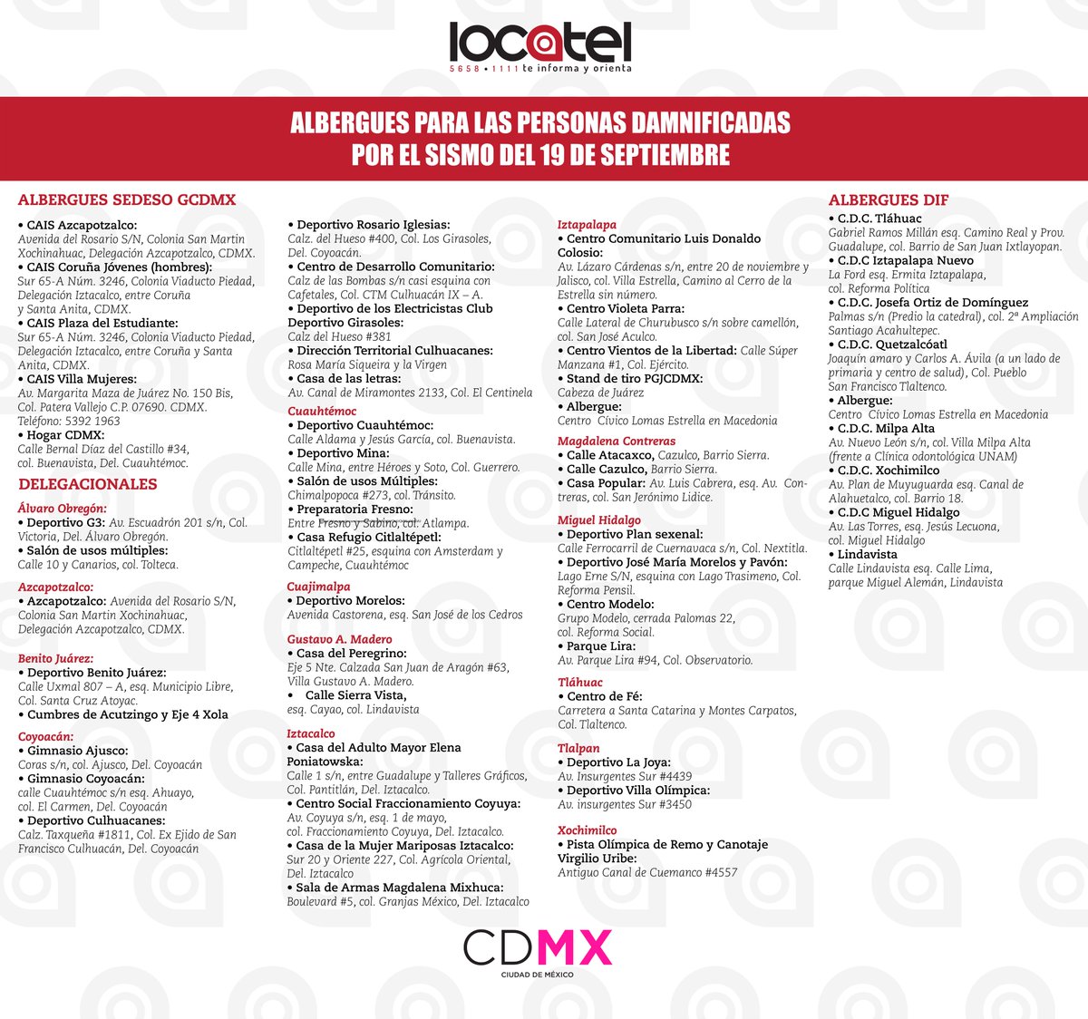 #AlMomento Lista de albergues para personas damnificadas por el #SismoMéxico2017.