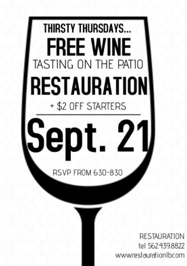VisitLB's tweet photo. End your day with a free wine tasting @RestaurationLB tomorrow! @Jardesca will be pouring glasses &amp; cocktails! https://t.co/UqMbxXhRBK https://t.co/3fEimlD4ii