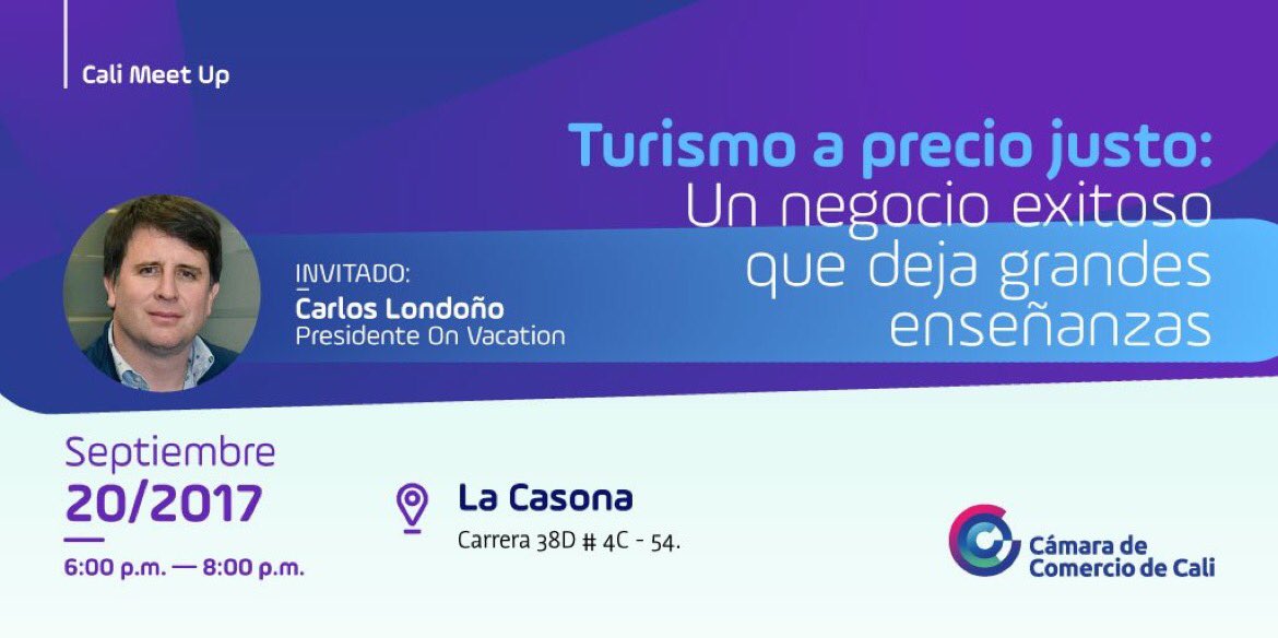 OnVacationOfic's tweet photo. En pocos minutos,nuestro presidente Carlos Londoño estará en el #MeetUpCali "turismo a precio justo" #ViveMomentosOnVacation #Colombia #Cali https://t.co/66TNz8eOP2
