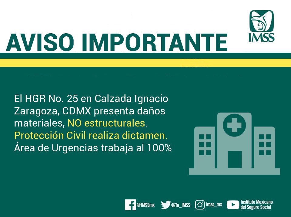 ⚠AVISO⚠
Información difundida en redes sociales y WhatsApp sobre #HGR 25 es FALSA
No presenta daños estructurales
#Sismo #SeamosResponsables