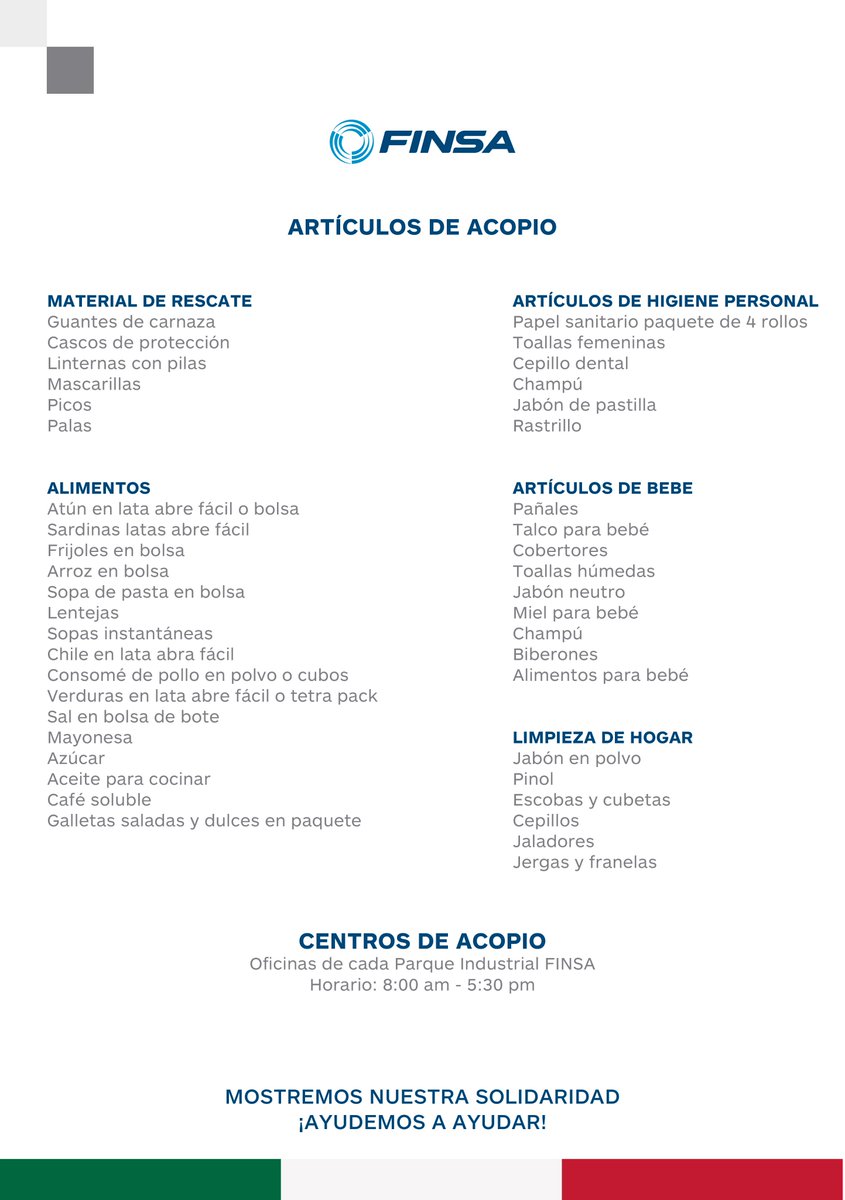 FinsaIntl's tweet photo. En FINSA hemos establecido centros de acopio en todos nuestros parques industriales. Si deseas colaborar, por favor revisa la lista adjunta. https://t.co/f3a0UrmjJt