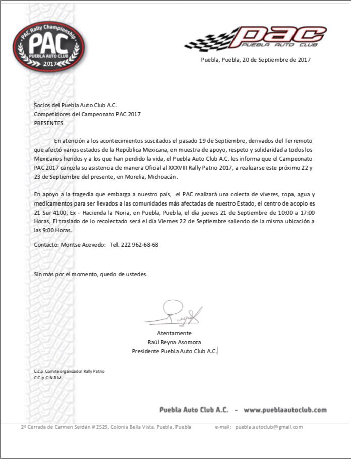 PueblaAutoClub's tweet photo. Información acerca XXXVII Rally Patrio 2017. Ayudemos a quien más lo necesita. #PAC https://t.co/6s98mCmTwY