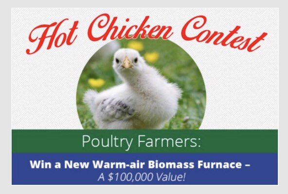 GlobalRefuel's tweet image. Just a few more days to sign up for our Hot Chicken Contest! Enter to win a warm-air biomass furnace ($100k!)

Globalrefuel.com/contact-us