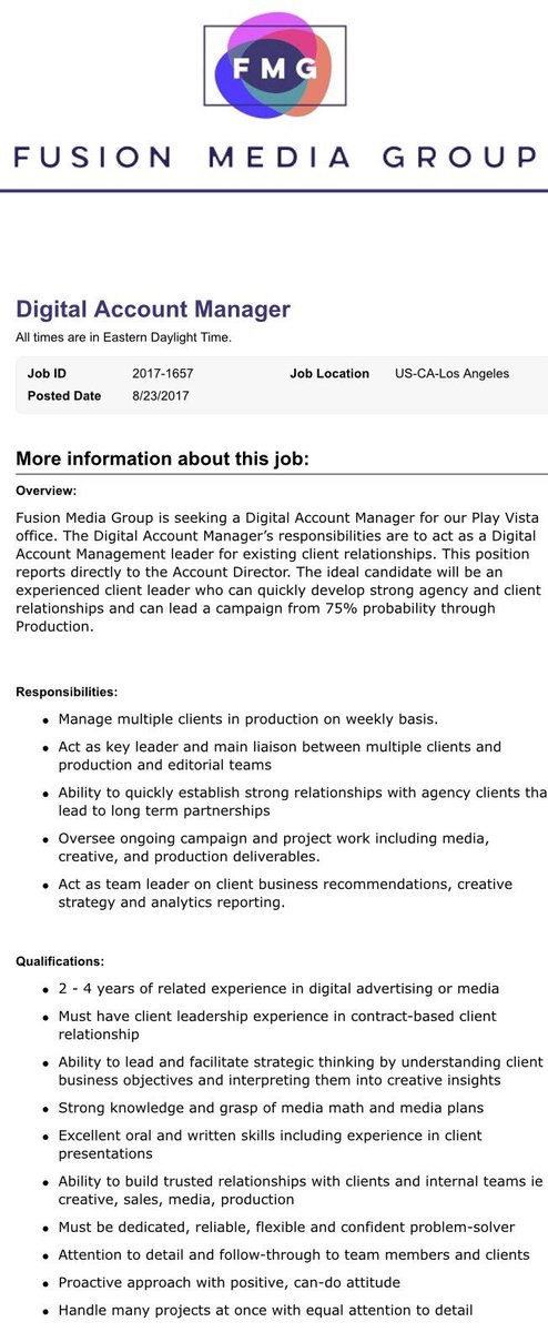 FusionMediaJobs's tweet photo. NOW HIRING!! @FusionMedia is looking for a Digital Account Manager to join the LA Team! Click below for more info! 
https://t.co/FDMZVRxza5 https://t.co/n8YmgJsXKv
