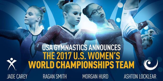 Congratulations to the #Montreal2017 <a href="/USAGym/">USA Gymnastics</a> Women's Worlds Team. Well done <a href="/raganesmith2000/">Ragan Smith</a> <a href="/ashton_locklear/">ashton locklear</a> <a href="/morgihurd/">morgan hurd</a> <a href="/JadeCarey018/">Jade Carey (Gymnast)</a> ❤️🇺🇸💙