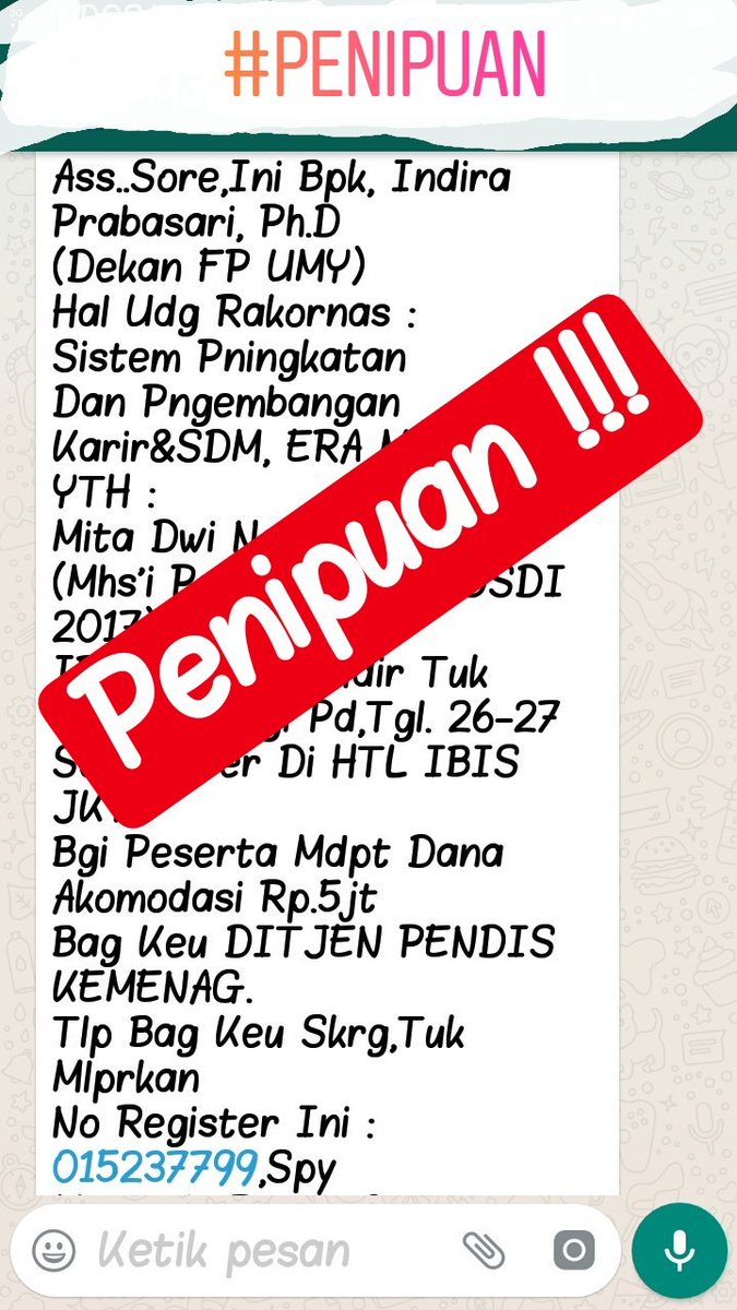 Dengan maraknya modus sms penipuan yg mengatasnamakan UMY untuk mentransfer sejumlah dana, kami himbau kepada mhs untuk hati-hati &amp; waspada