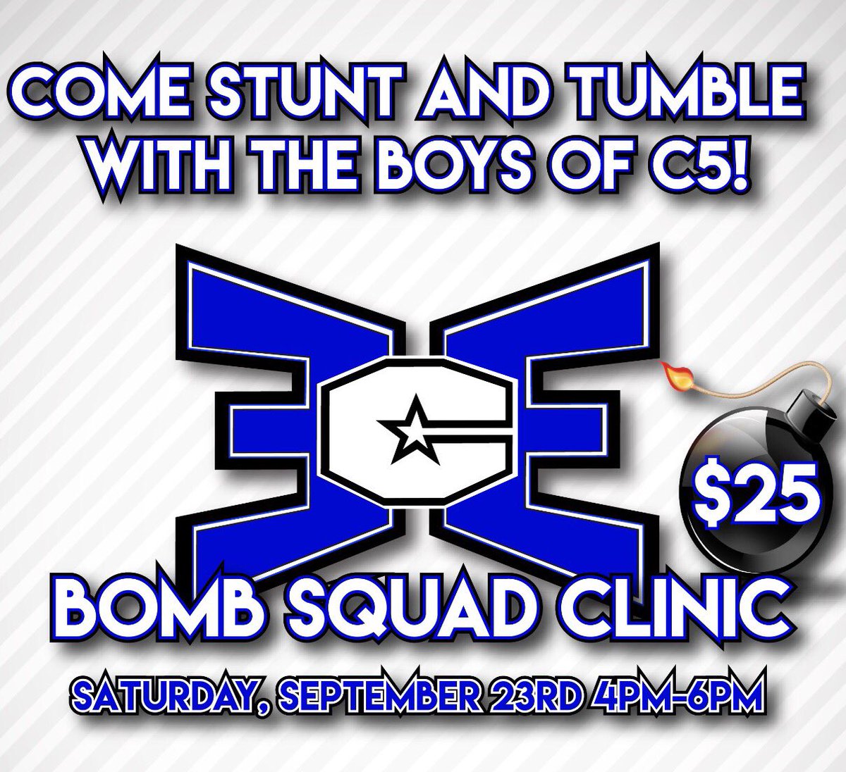 ECE_Cheer's tweet photo. Come stunt and tumble with the boys of C5! Coming up this week! 💣💙

📆: Saturday, September 23rd
⏰: 4pm-6pm
💰: $25 https://t.co/MLbRG23fJ3