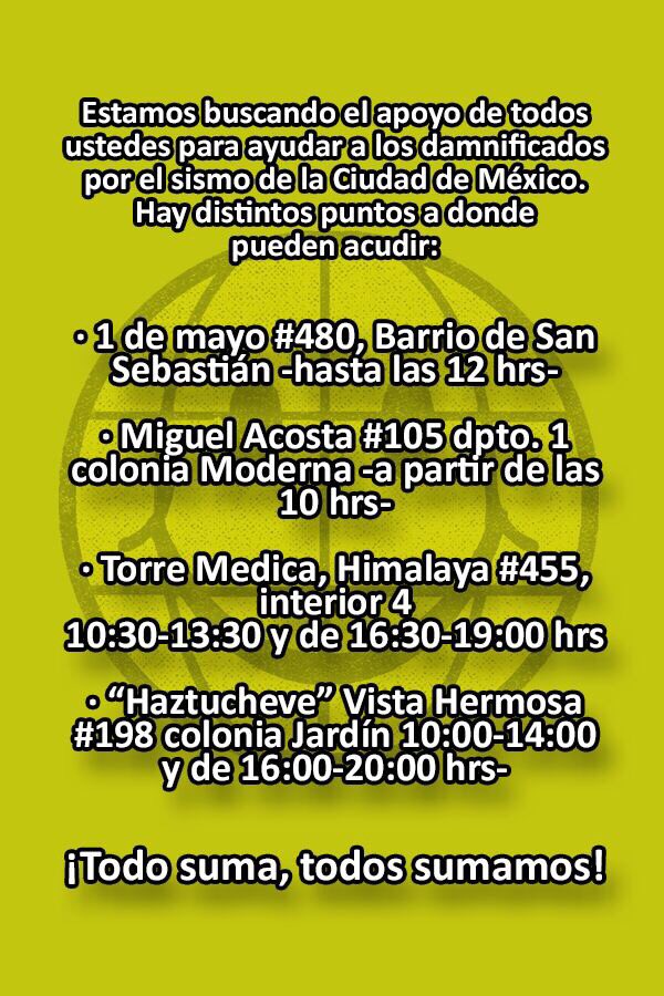Debemos ayudar a quienes se vieron afectados por el terremoto que ayer devastó las zonas centro y sur de nuestro país. 💔🇲🇽❤️