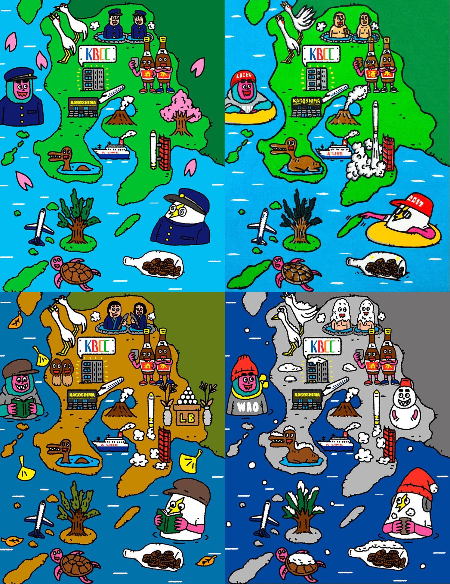 Lucky Brothers Co 背景のイラストはネゴシックス Negoshix さん さりげなく鹿児島の地図 が季節ごとに描かれています 元々 夏バージョンのイラストは描いていただいていたのですが これを機に春夏秋冬全てのバージョンがコンプリートしました