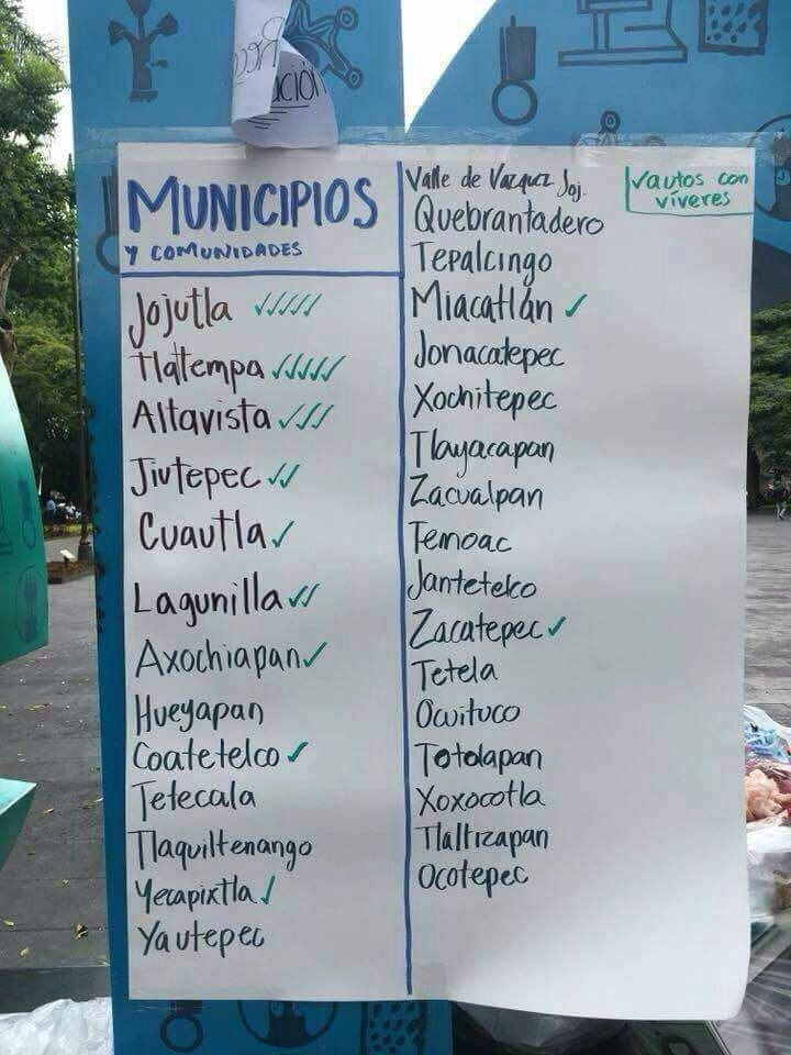 StatusQro's tweet image. Voluntarios en #Morelos piden auxilio para varios municipios en la entidad, las palomas indican el número de autos con ayuda que han llegado