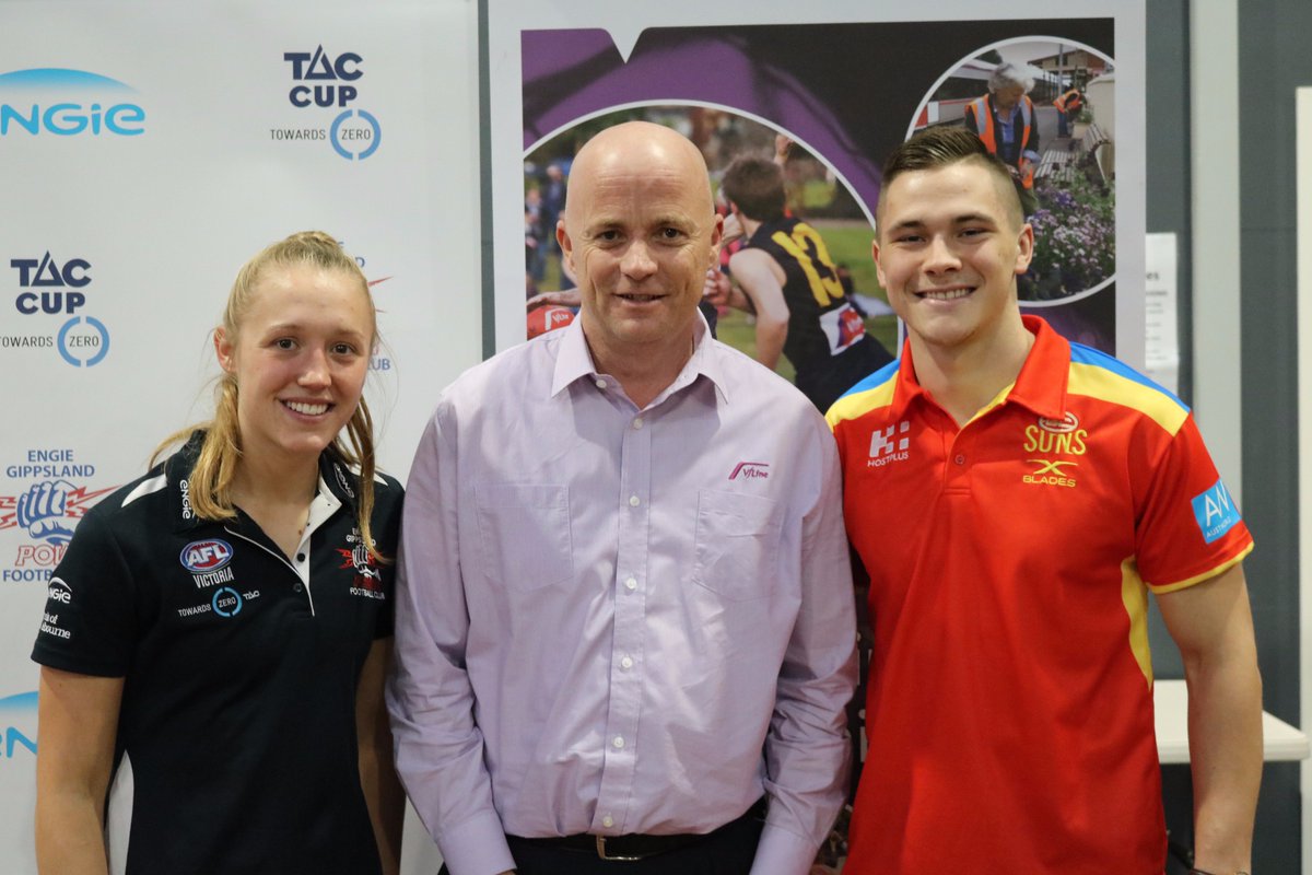 AFLGippsland's tweet photo. Great to have @benainsworth17 and @DarcyGuttridge present @Gippsland_Power jumpers and launch the 2017 #vlinecup tonight! @aflvic @VLine https://t.co/mCuG8jvgDZ