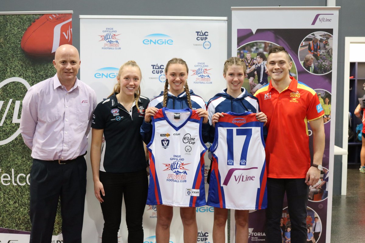 AFLGippsland's tweet photo. Great to have @benainsworth17 and @DarcyGuttridge present @Gippsland_Power jumpers and launch the 2017 #vlinecup tonight! @aflvic @VLine https://t.co/mCuG8jvgDZ