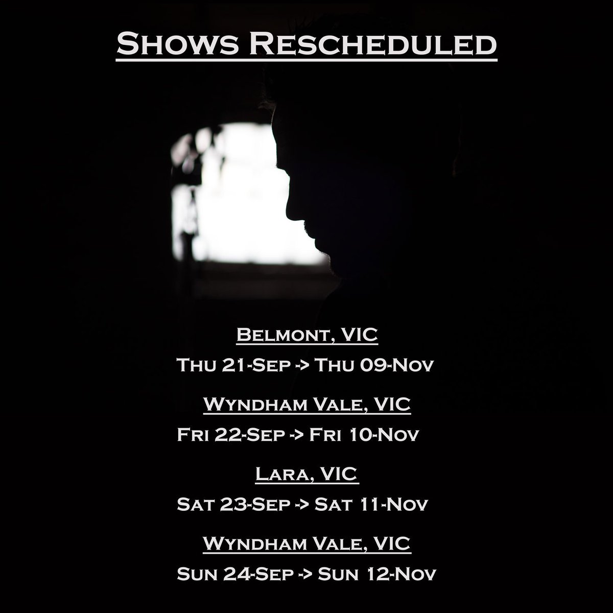 IMPORTANT ANNOUNCEMENT: This week's shows in Victoria have been rescheduled to November.