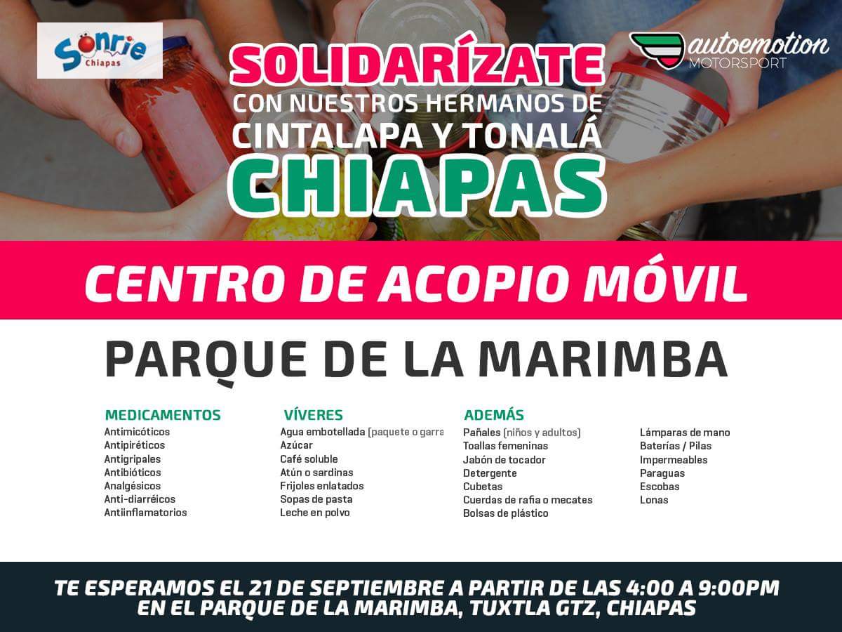 Vamos a #AyudarAChiapas
Nos vemos a las 4pm en el Parque de la Marimba #Tuxtla #RT