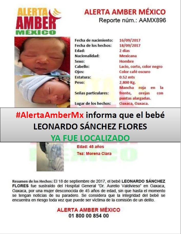 AAMBER_mx's tweet photo. Agradeciendo su apoyo #AlertaAmberMx informa que el bebé  LEONARDO SÁNCHEZ FLORES de 02 días de edad, ya fue LOCALIZADO. https://t.co/MnpJMbl1Tf