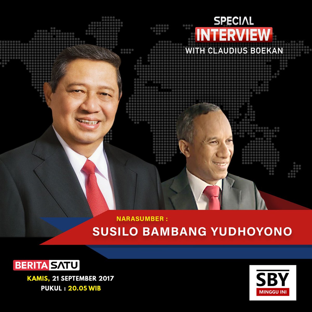 SBYudhoyono's tweet photo. Saksikan malam ini, Special Interview with Claudius Boekan. Kamis, 21 September 2017, 20.05 WIB di BeritaSatu TV https://t.co/5J5VF7GaIX
