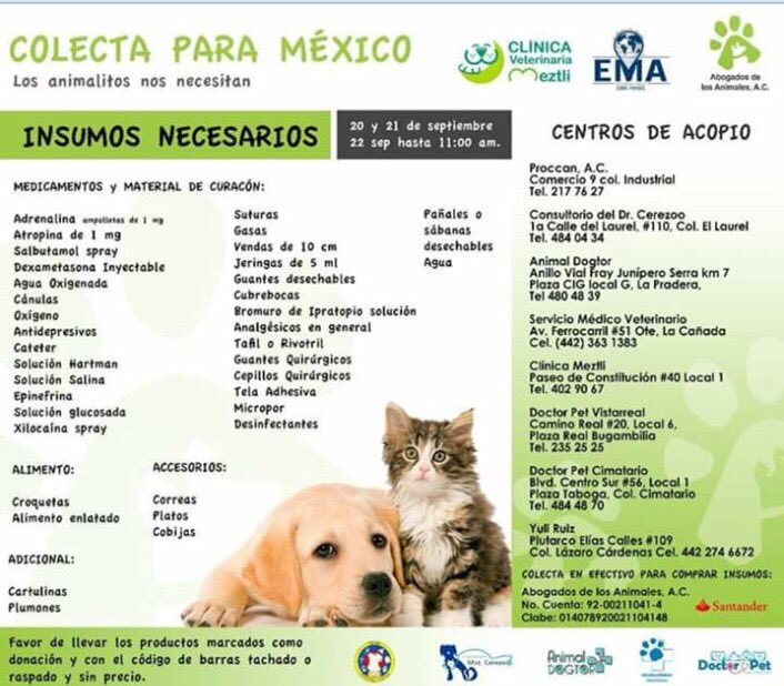 #Querétaro centros de acopio para animales ¡apoyemos! 🐱💚🐶#FuerzaMéxico #Sismo