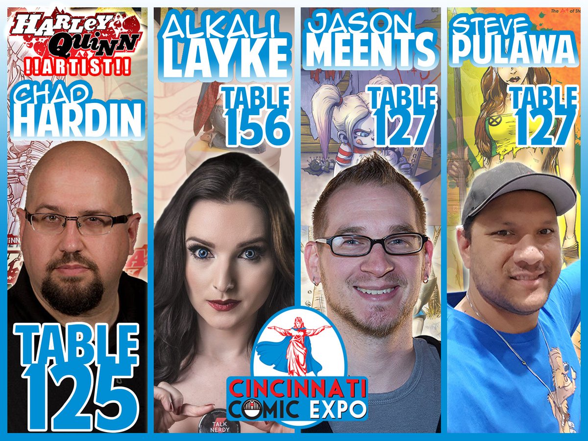 Coming in hot this weekend @ChadHardin @MeentsILLUS @alkali_layke & myself at @CinciComicExpo  #HarleyQuinnArtist #TykeArt #Cosplay