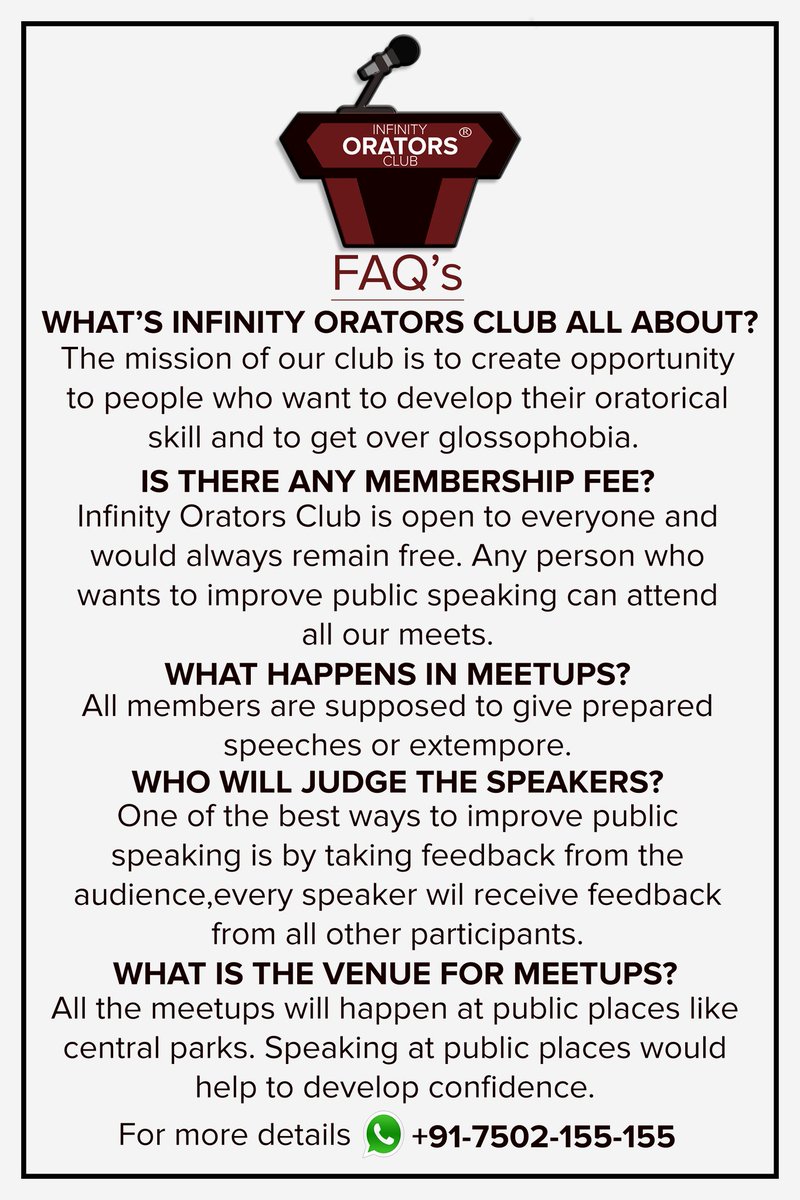infioratorsclub's tweet photo. FAQ's

#orators #publicspeaking #Leadership #glossophobia https://t.co/tba8tdmLtU