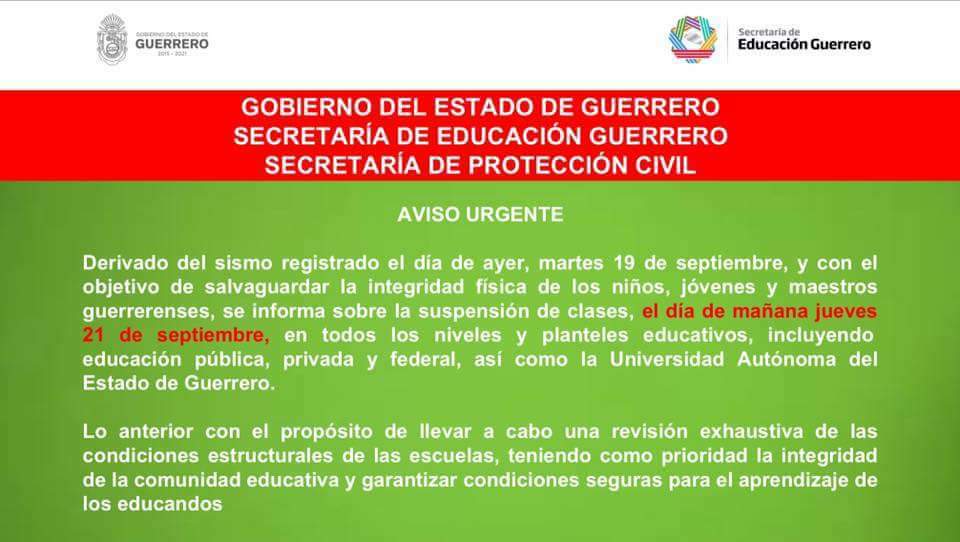 UltimaLineaMx's tweet photo. Se suspenden clases en Guerrero el jueves 21 de septiembre. https://t.co/E8c6uIkPgb
