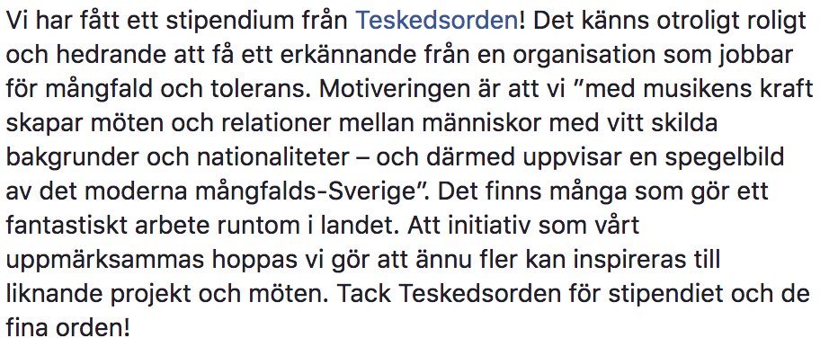 Vår kör, Gränslösa röster har fått Teskedsordens stipendium! I gott sällskap av <a href="/Soranismail/">Soran Ismail</a> Dagen innan nazidemon tar vi emot det i Gbg.