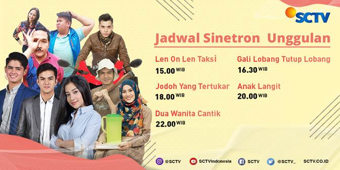 SCTV's tweet photo. Jadwal #NontonSCTV:

15.00 WIB #LOLTaksi
16.30 WIB #GLTL
18.00 WIB #JodohYangTertukar
20.00 WIB #AnakLangit
22.00 WIB #DuaWanitaCantik https://t.co/pyUxdM6dkk