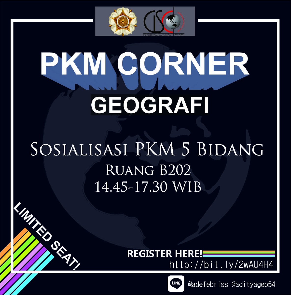 KUOTA TERBATAS!!!!
Pendaftaran dgn mengisi link bit.ly/2wAU4H4

* Terbuka untuk Seluruh Mahasiswa Fakultas Geografi

#UGMJuara