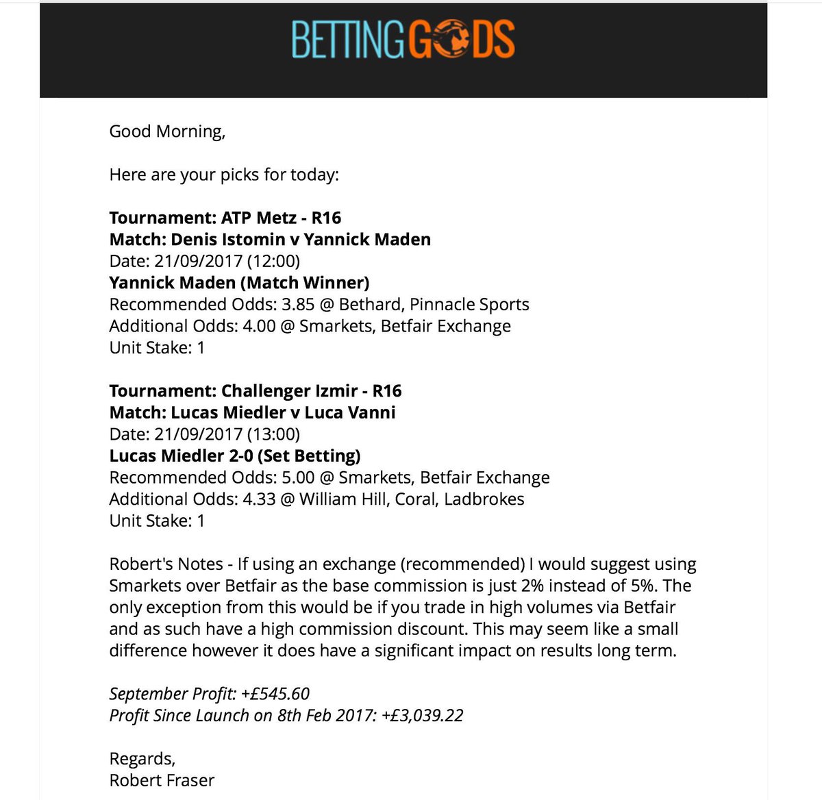 RFTennisGods's tweet image. Summary for 21/09/17: Overall +3.00 units with a 150% Return on Investment (ROI). 1 Won / 1 Loss. Full results: bit.ly/2xhNHHT