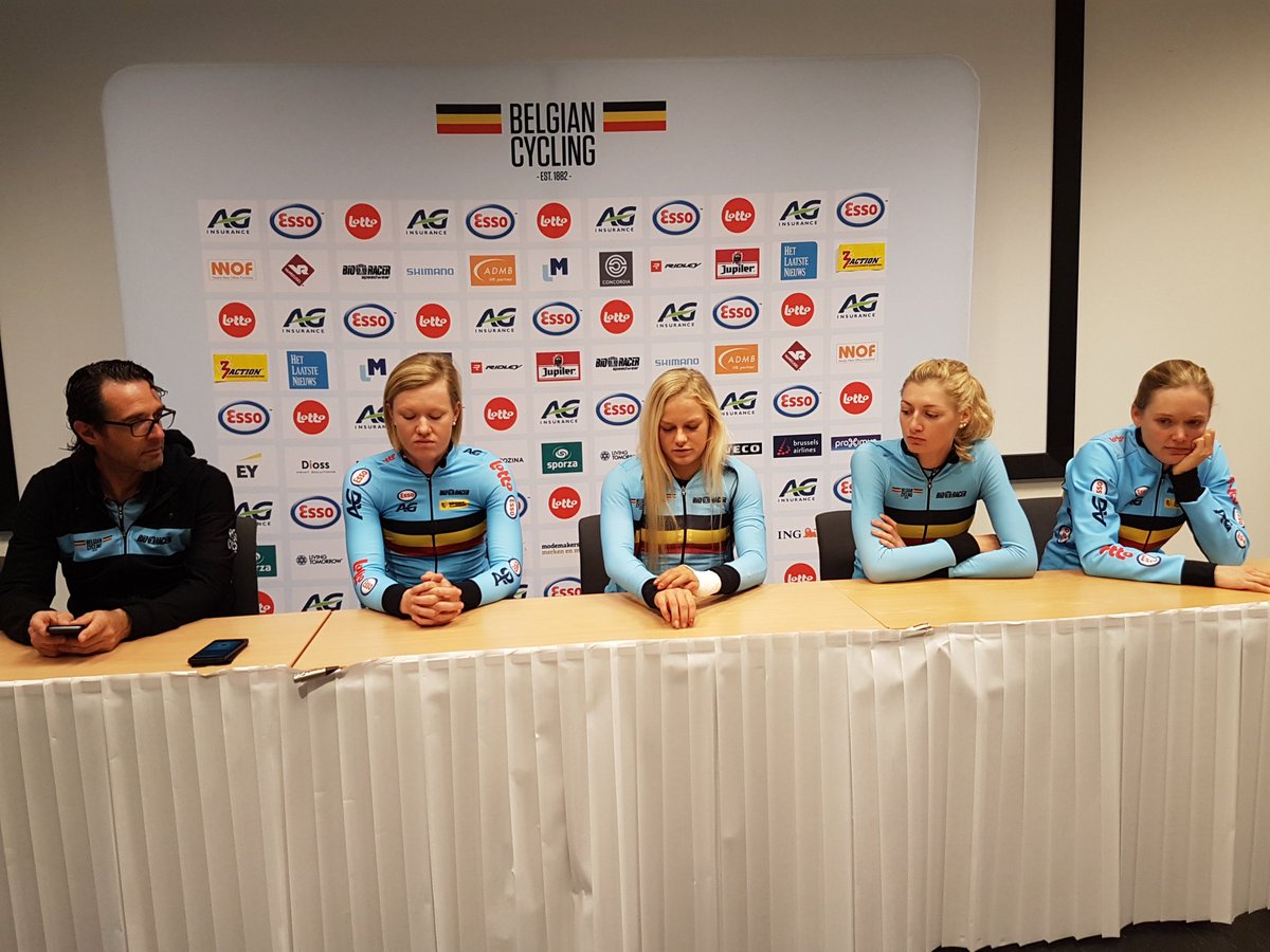 Press conference Women Elite <a href="/JolienDhoore/">Jolien D'hoore</a> <a href="/jessydruyts/">Jessy Druyts</a> <a href="/vds_kelly/">Kelly Van den Steen</a> <a href="/AnnSophieDuyck/">Ann-Sophie Duyck</a> &amp; federal coach <a href="/LudwigWillems/">Willems Ludwig</a> #Bergen2017