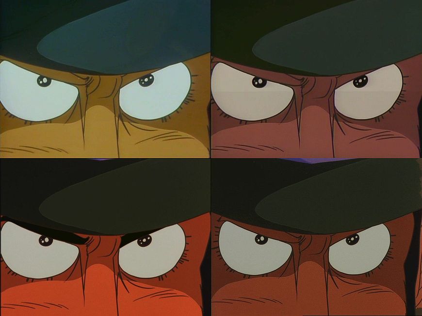 リマスター版2リマスター版1で修正されてしまっている第4話の銭型の眉毛の塗りミスも、リマスター版2ではそのまま。左上から順にバンダイ版LD、VAP版LD、リマスター版1、リマスター版2。