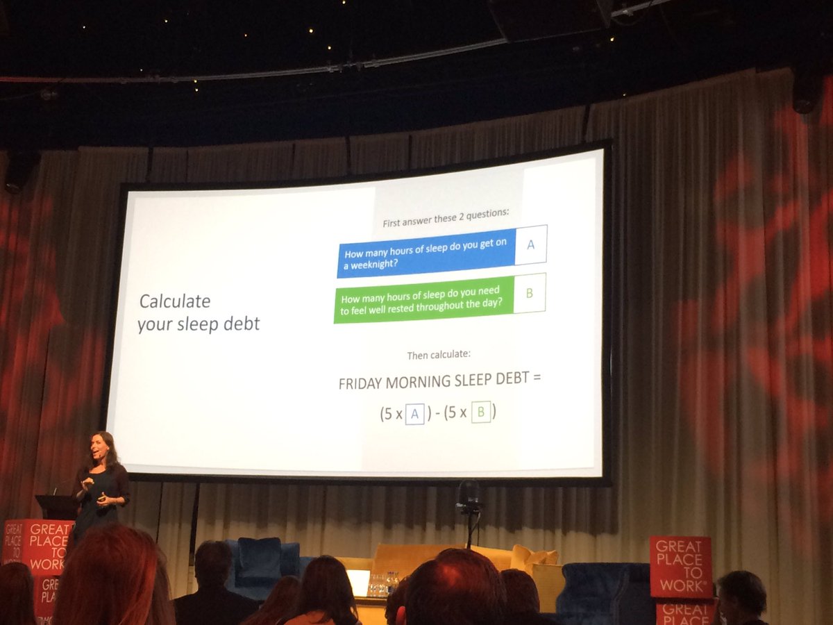 FMIHeadOffice's tweet photo. Wow! Most of us need more sleep 😴 😴😴 @elsonsleep #GPTWConf17 . Calculate your sleep debt. Action point ☝️😉 https://t.co/cBGtltGH1a