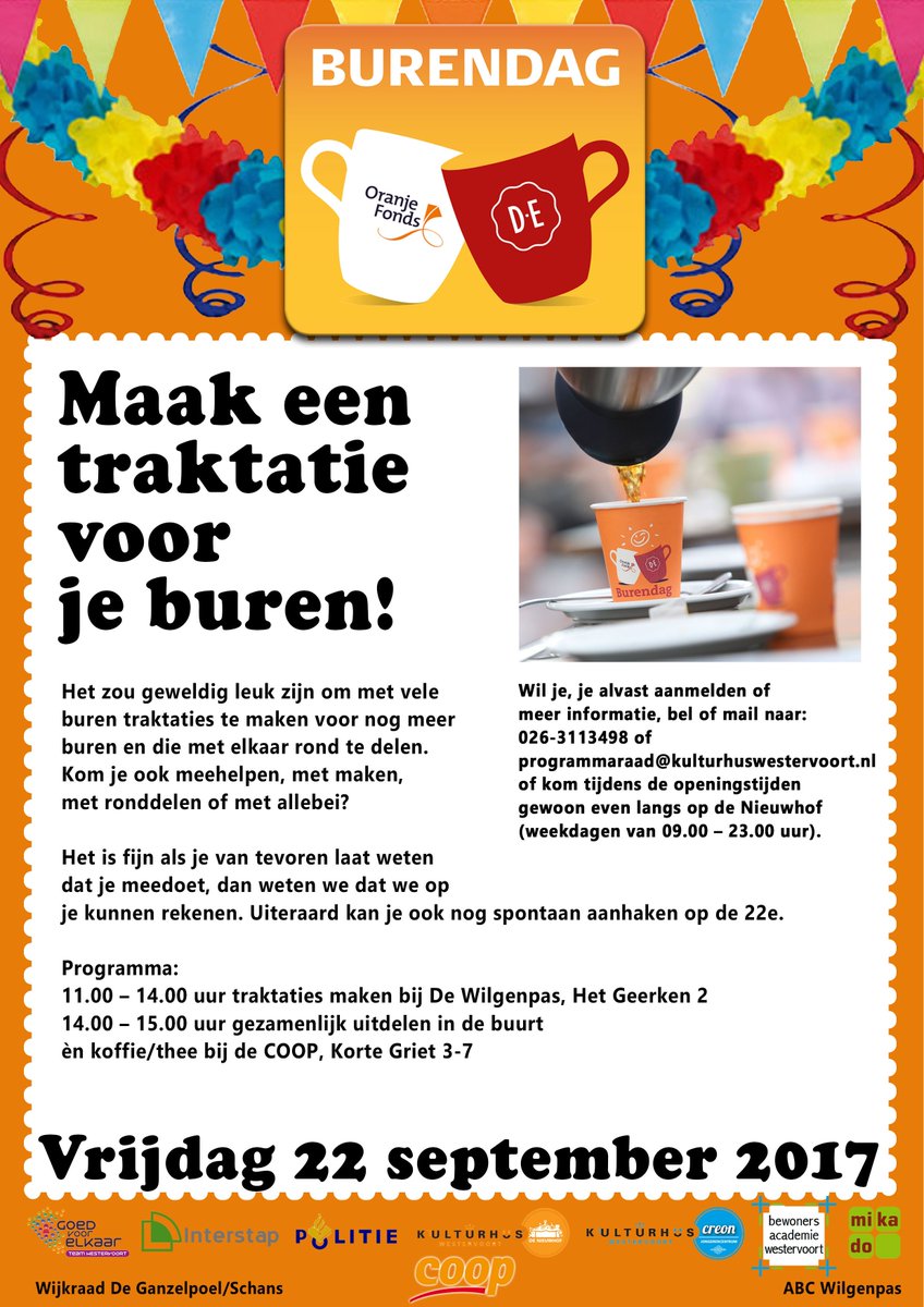 Vrijdag 22 september, 11.00u ontmoetingsruimte Wilgenpas traktaties maken voor je buren, 14.00u uitdelen in de wijk of koffie bij de Coop.
