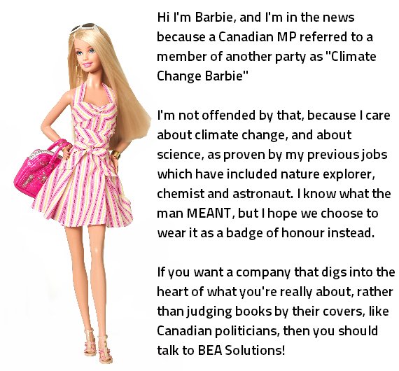 BEASolutions's tweet photo. Today's endorser is doll-ing out some good advice! #BEACeleb (ish) #Barbie #ClimateBarbie #CatherineMckenna #GerryRitz https://t.co/9R4AuMisbN