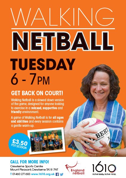 NetballSomerset's tweet photo. GET BACK ON COURT!! #WalkingNetball is due to relaunch at @1610Crewkerne on Tuesday 10th October at a new time of 6-7pm! 😃 https://t.co/bhGFhZJm7X
