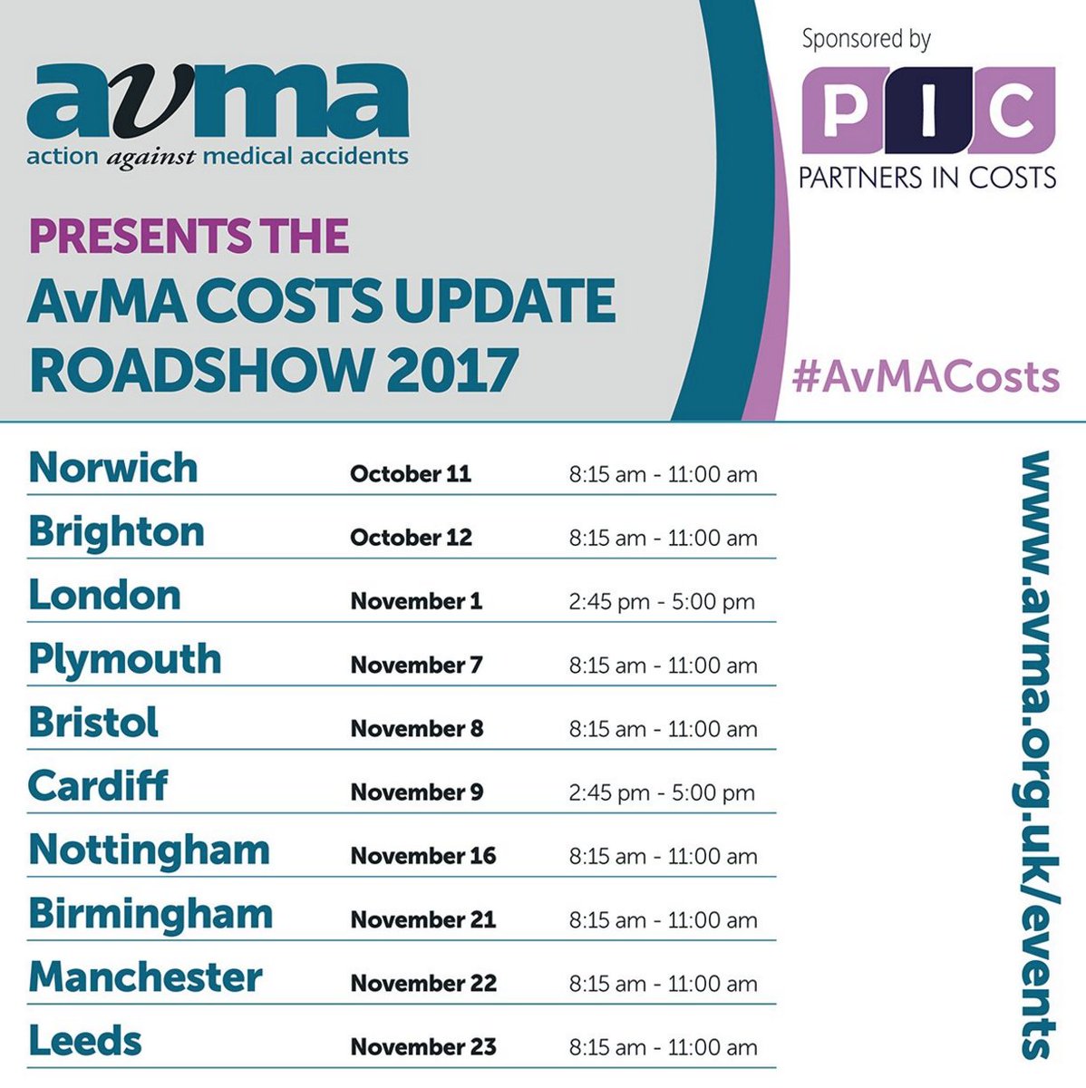 PIC_Legal's tweet photo. The epic @AvMAuk Clinical Negligence Costs Roadshow 2017 is coming to a city near you very soon! https://t.co/QvjdTTZ13p  #costslaw #legal https://t.co/8ihdoKWwbU