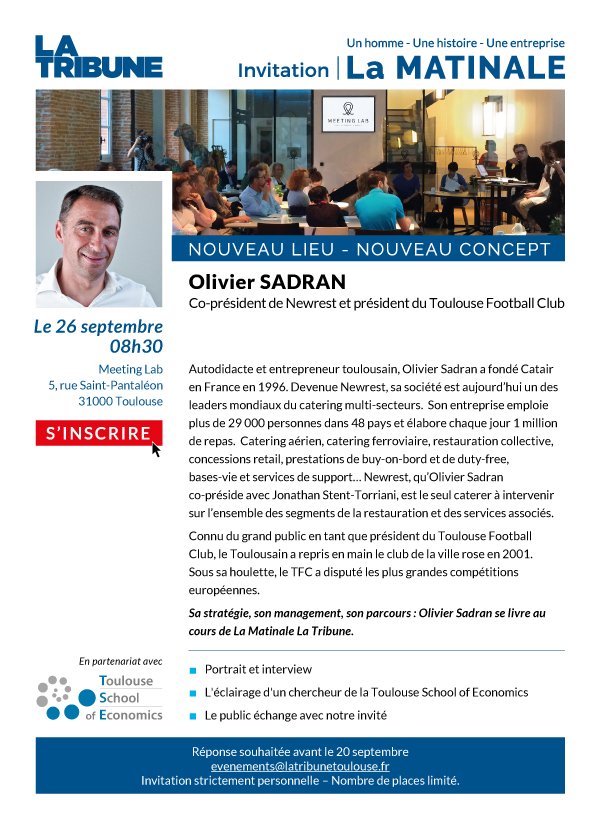 MATINALE Olivier Sadran co-président de Newrest &amp; Président du TFC <a href="/MeetingLab/">MeetingLab Europa</a> Mardi 26/09 à 8h30
INSCRIPTION bit.ly/2wIInt0
