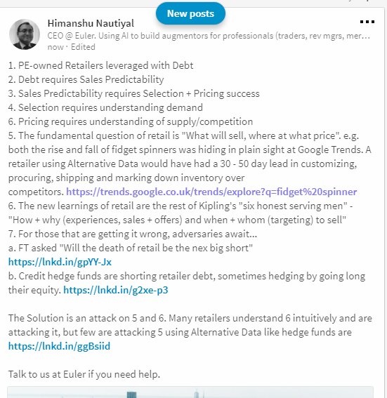 hnautiyal's tweet photo. PE-Leveraged retailers need Alternative Data to grok Demand and Supply. Mistakes will be punished by HFs https://t.co/FtWEBaINkM https://t.co/yu8O5L3Noe