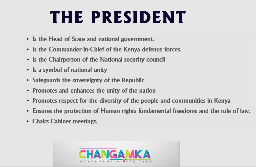 Changamka254's tweet photo. Soon we shall vote again for who will become the President of https://t.co/uDUI8UrIVB are the roles of a President .#ChangamkiaVoteYako https://t.co/gvrxDa1MuM