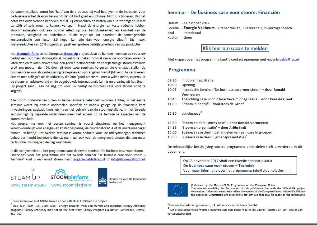 Steam_Up_EU's tweet photo. Seminar 'De business case voor stoom’ op 11 okt door Steam Up &amp; het Stoomplatform @Energievakbeurs Registreer nu! https://t.co/8Uufg8ktf2 https://t.co/kgIZNApwB4