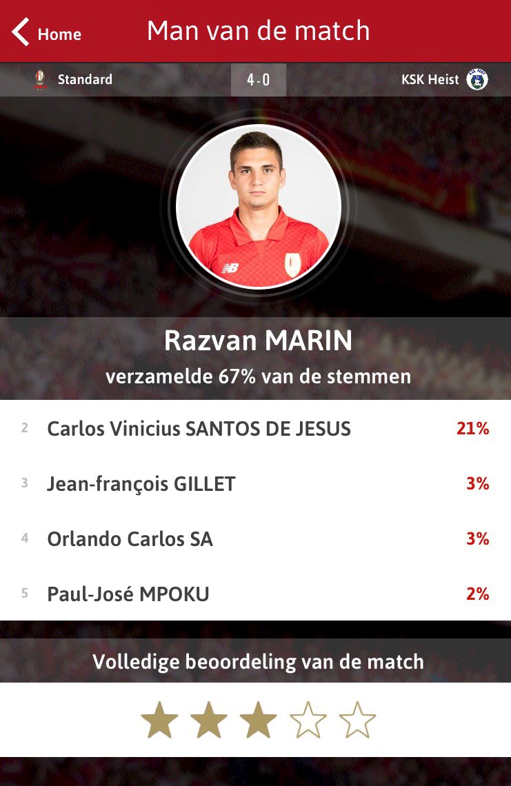 Standard_RSCL's tweet photo. 📱 | Man van de match na #stahei: @Marin__Razvan 🇷🇴 👍🏼 #StandardApp https://t.co/skH7D21AWr