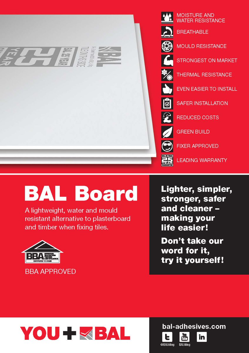 BALtiling's tweet image. Available to order in October - BAL Board comes in 6mm and 12mm thickness for wall and floor prep before #tiling! #DefensiveLineUp