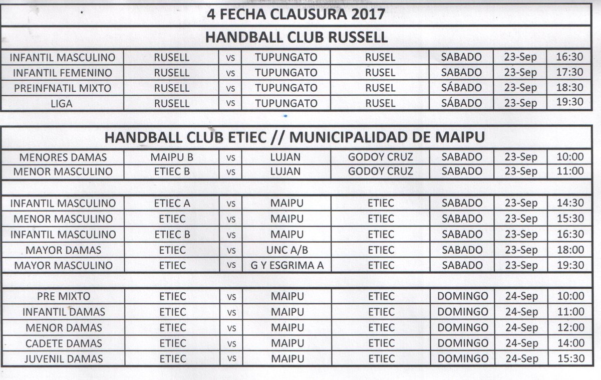 JavierSallustro's tweet photo. #Handball #Fecha4Clausura Días y Horarios definitivos para una nueva fecha. #ClubRussell @sportkidsmza @Handballmaipu1 @ETIEChandball https://t.co/Gf0tRw2HyD