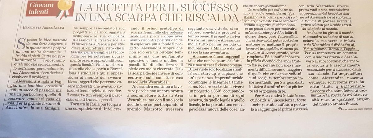 giovannidalloli's tweet photo. Dal "freddo ai piedi" a una impresa innovativa: su @LaStampa @dettaarese racconta Alessanbra Antonietti e la sua @AriaWearables #startup https://t.co/hFXxDS5qRh